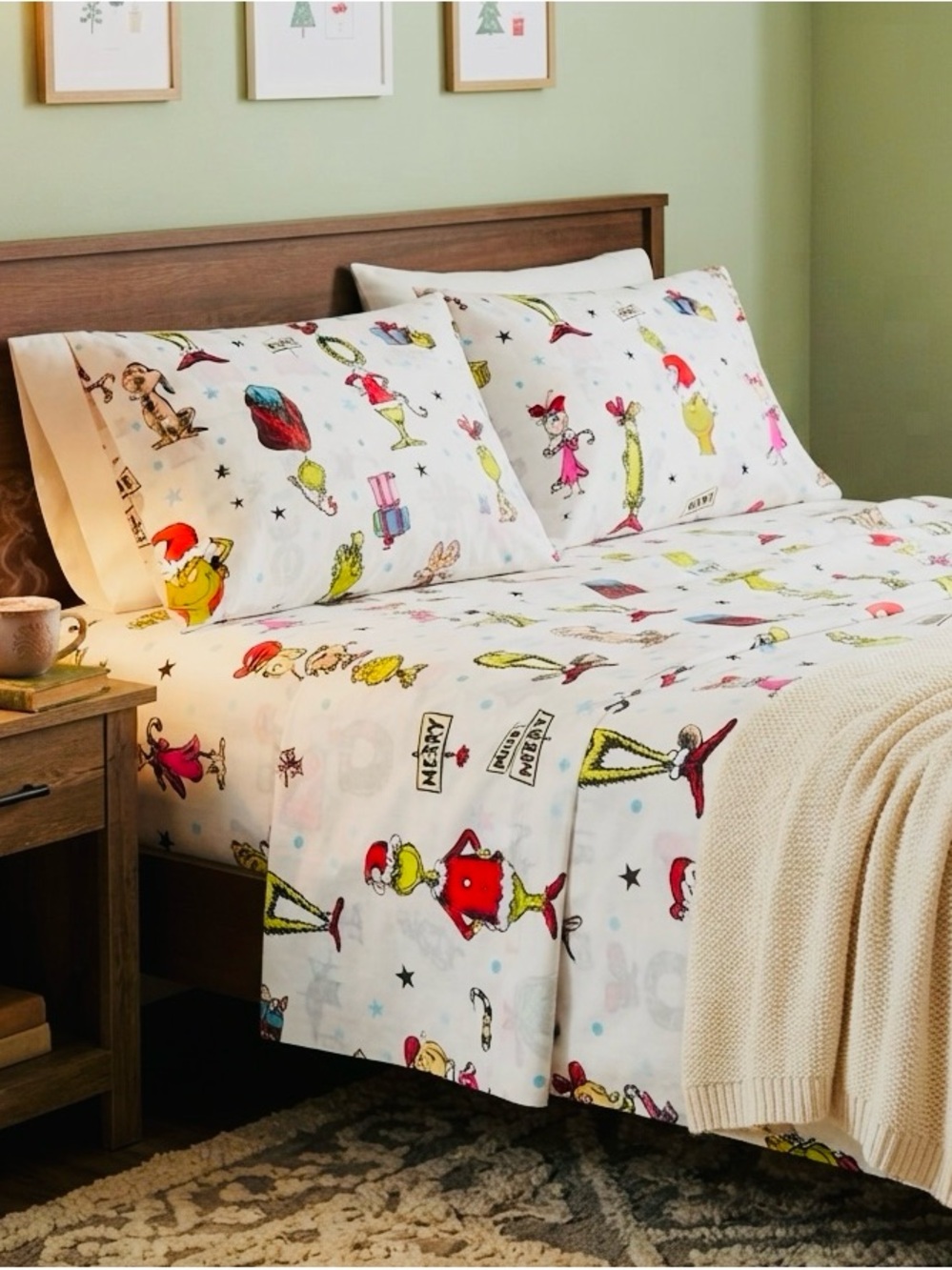 NEW❤️The Grinch Dr. Seuss Queen Size Cotton 4PCS Sheet Set